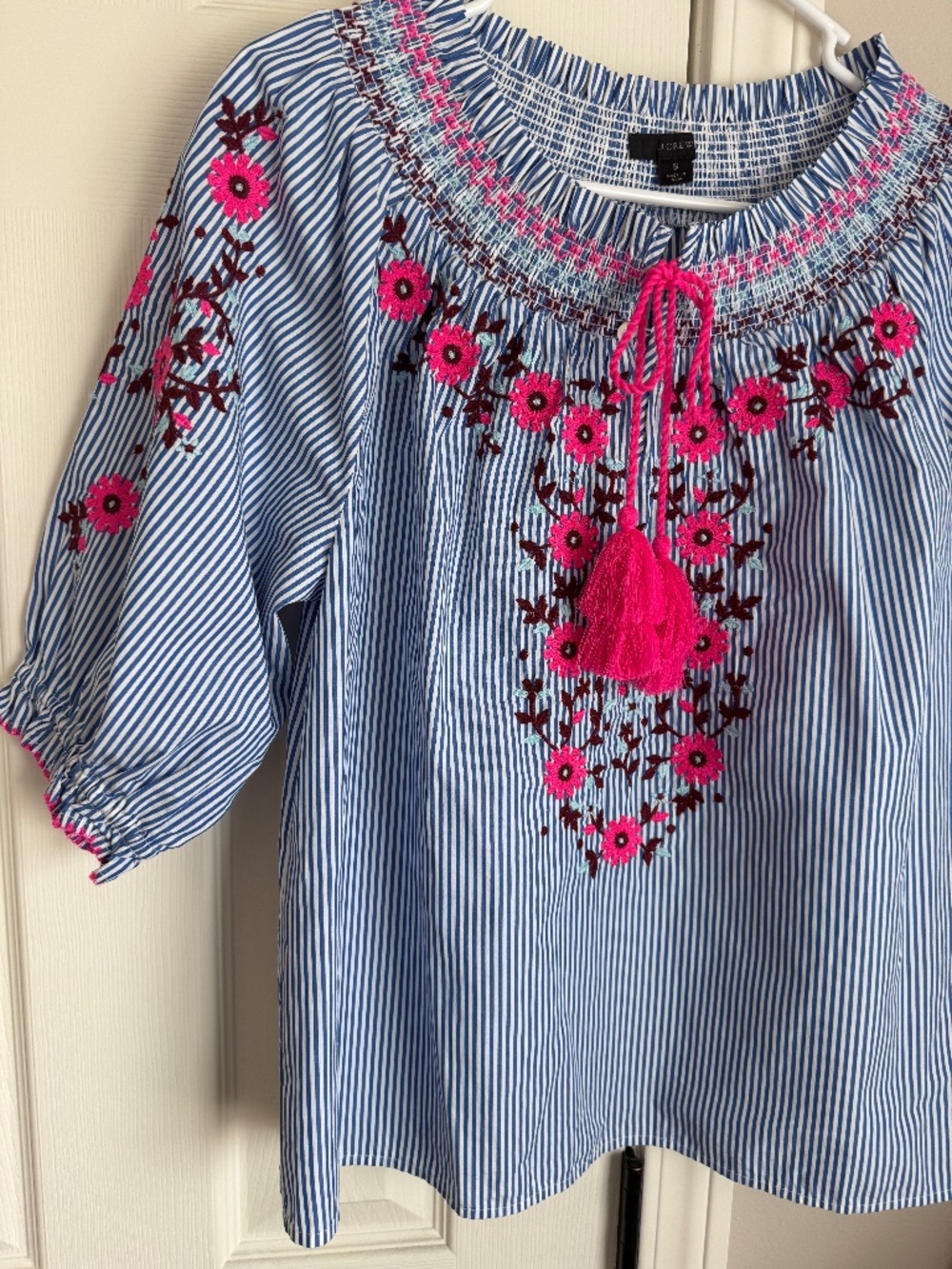 NEW JCREW HOT PINK FLORAL EMBROIDERED BLUE STRIPE TOP